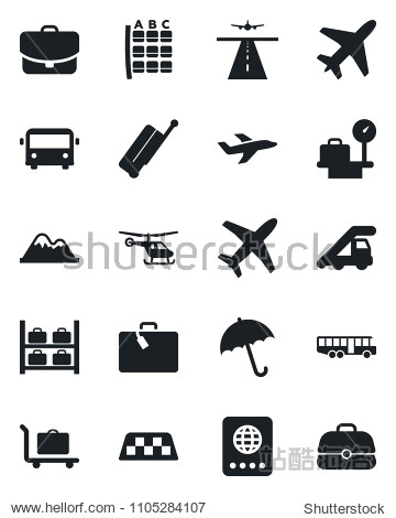 Set of vector isolated black icon - plane vector runway taxi suitcase baggage trolley airport bus umbrella passport ladder car helicopter seat map luggage storage scales mountains case