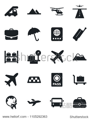 Set of vector isolated black icon - plane vector runway taxi suitcase baggage trolley airport bus umbrella passport ladder car helicopter luggage storage scales globe mountains case