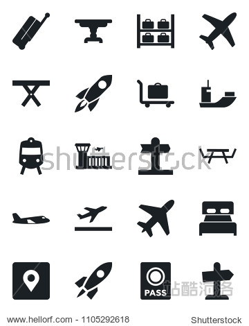 Set of vector isolated black icon - plane vector suitcase departure baggage trolley train passport luggage storage airport building picnic table signpost sea shipping place tag bedroom
