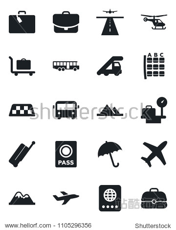 Set of vector isolated black icon - runway vector taxi suitcase baggage trolley airport bus umbrella passport ladder car helicopter seat map luggage scales plane mountains case