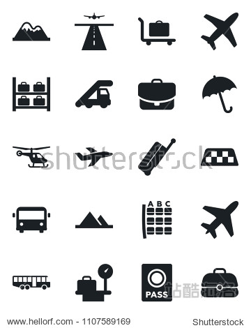 Set of vector isolated black icon - plane vector runway taxi suitcase baggage trolley airport bus umbrella passport ladder car helicopter seat map luggage storage scales mountains case