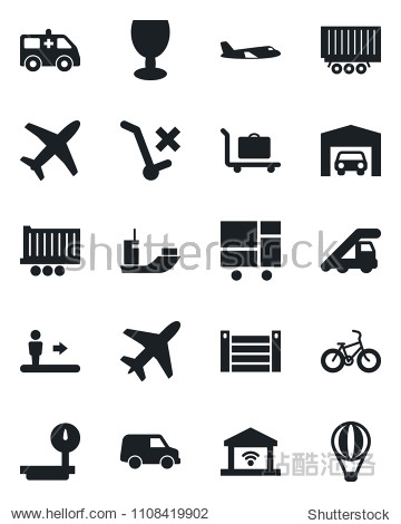 Set of vector isolated black icon - plane vector baggage trolley escalator ladder car ambulance bike sea shipping truck trailer container consolidated cargo fragile no heavy scales
