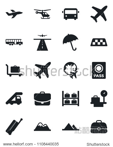 Set of vector isolated black icon - plane vector runway taxi suitcase baggage trolley airport bus umbrella passport ladder car helicopter luggage storage scales globe mountains case