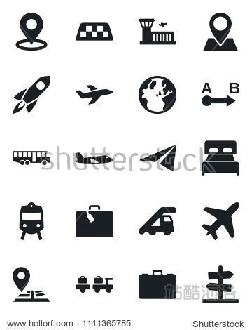 Set of vector isolated black icon - plane vector taxi suitcase airport bus train baggage larry ladder car building case navigation pin route place tag bedroom rocket earth paper