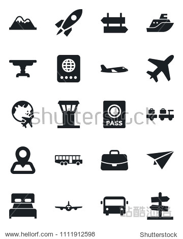 Set of vector isolated black icon - plane vector airport tower bus signpost passport baggage larry globe case navigation sea shipping mountains bedroom table rocket paper guidepost
