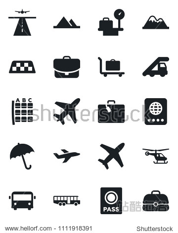 Set of vector isolated black icon - plane vector runway taxi suitcase baggage trolley airport bus umbrella passport ladder car helicopter seat map luggage scales mountains case