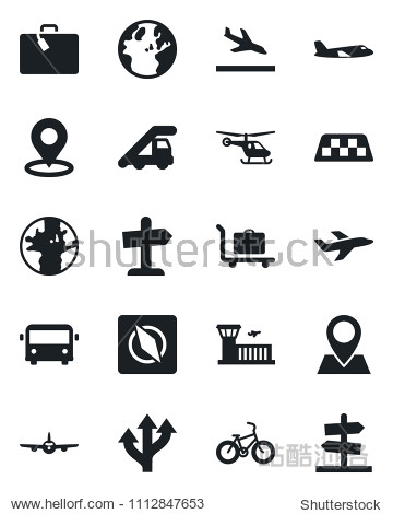 Set of vector isolated black icon - taxi vector arrival suitcase baggage trolley airport bus ladder car plane helicopter building bike route earth pin place tag compass guidepost