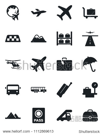 Set of vector isolated black icon - plane vector runway taxi suitcase baggage trolley airport bus umbrella passport ladder car helicopter luggage storage scales globe mountains case