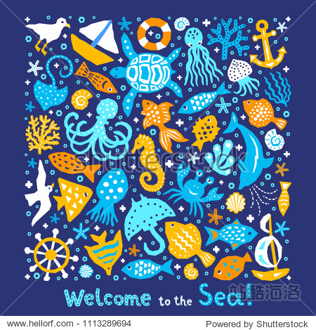 paper cutout marine style kids design element set.