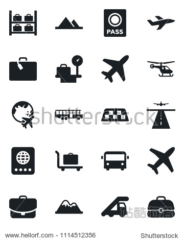 Set of vector isolated black icon - plane vector runway taxi suitcase baggage trolley airport bus passport ladder car helicopter luggage storage scales globe mountains case