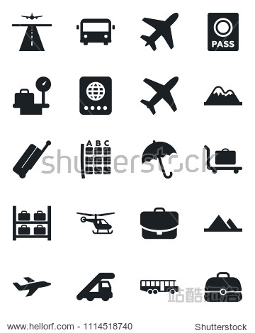 Set of vector isolated black icon - plane vector runway suitcase baggage trolley airport bus umbrella passport ladder car helicopter seat map luggage storage scales mountains case