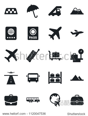 Set of vector isolated black icon - plane vector runway taxi suitcase baggage trolley airport bus umbrella passport ladder car luggage storage scales globe mountains case