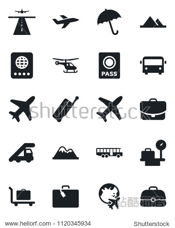 Set of vector isolated black icon - plane vector runway suitcase baggage trolley airport bus umbrella passport ladder car helicopter luggage scales globe mountains case