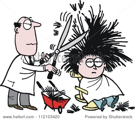 向量卡通的理发师使用剪毛的客户