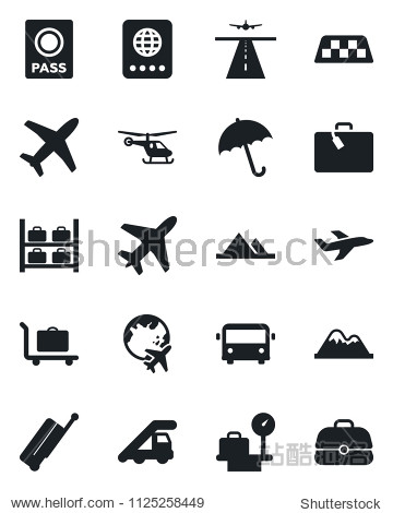 Set of vector isolated black icon - plane vector runway taxi suitcase baggage trolley airport bus umbrella passport ladder car helicopter luggage storage scales globe mountains case