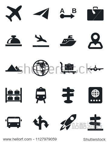 Set of vector isolated black icon - arrival vector suitcase baggage trolley airport bus train reception bell passport plane luggage storage route signpost navigation sea shipping rocket
