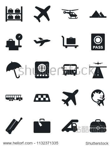 Set of vector isolated black icon - plane vector runway taxi suitcase baggage trolley airport bus umbrella passport ladder car helicopter luggage storage scales globe mountains case