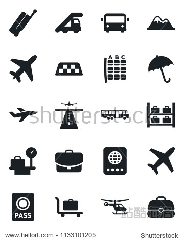 Set of vector isolated black icon - plane vector runway taxi suitcase baggage trolley airport bus umbrella passport ladder car helicopter seat map luggage storage scales mountains case