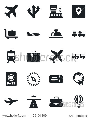 Set of vector isolated black icon - plane vector runway suitcase baggage trolley airport bus train ticket reception bell passport larry globe building case route place tag compass