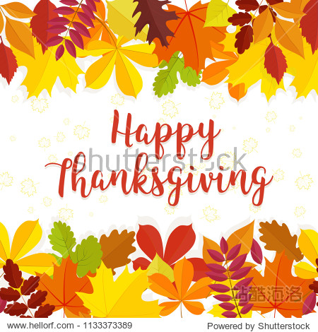 Happy Thanksgiving day banner. Autumn leaves frame for holiday text on white background. Family traditional holiday illustration