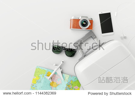Flat lay white suitcase with traveler accessories on white bright background. travel concept. 3d rendering