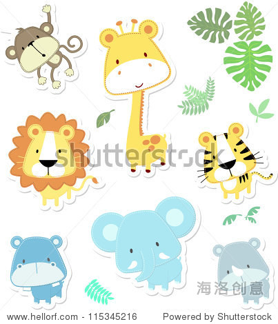 vector cartoon illustration of seven baby animals and jungle