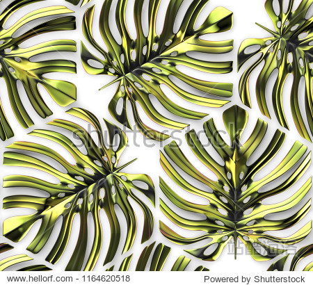 green metallic tropical monster leaves on a white background.
