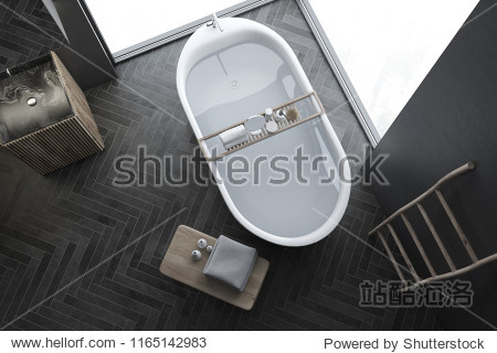 Top view of modern gray wall bathroom interior with black wooden floor loft windows ladder sink and bathtub. Spa hotel and luxury real estate. 3d rendering mock up