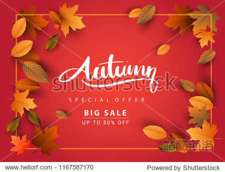 Autumn Sale Background Hand Drawn Autumn calligraphy with falling leaves Web Banner shopping sale or seasonal poster Postcard and Invitation card. Vector illustration