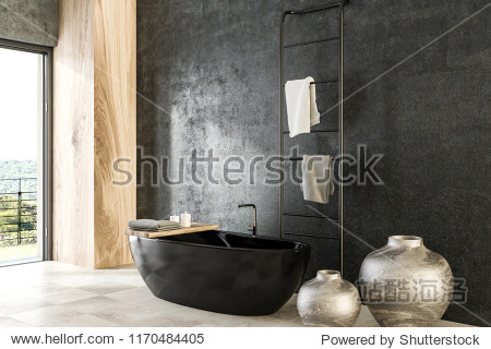 Concrete and wood wall bathroom interior with tiled floor panoramic window black bathtub and vases. 3d rendering mock up