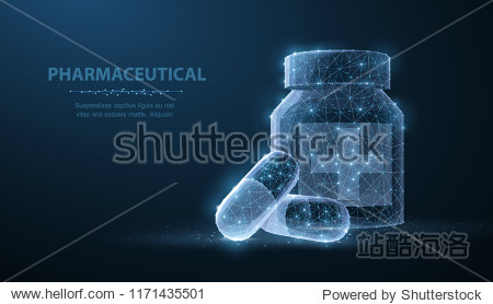 Pills. Abstract polygonal wireframe two capsule pills near bottle blue background. Medical pharmacy health vitamin antibiotic pharmaceutical treatment concept illustration or background
