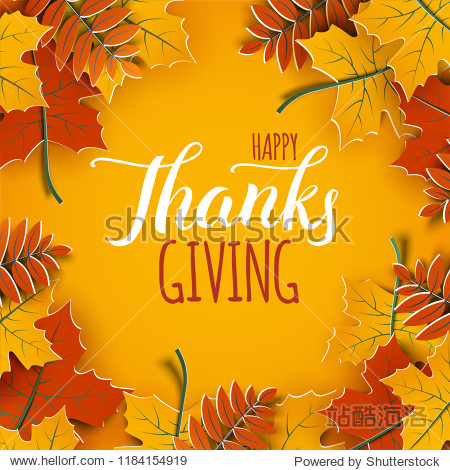 Thanksgiving holiday banner with congratulation text. Autumn tree leaves on yellow background. Autumnal design for fall season poster thanksgiving greeting card paper cut style vector illustration