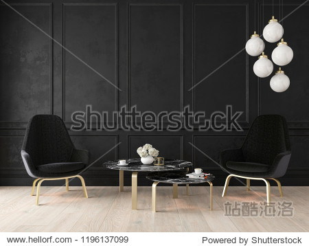 Modern classic interior with armchairs lamp table wall panels and wooden floor. 3d render illustration mock up.