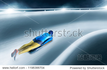 The athlete descends on a sleigh on an ice track