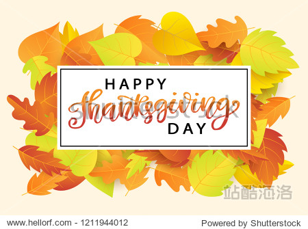 Happy Thanksgiving Day poster template with bright autumn leaves. Hand written lettering. Typographic holiday design modern calligraphy.