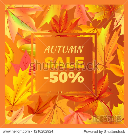 Autumn sale -50% off sign surrounded by frame of golden yellow foliage. raster illustration with orange leaves discounts half price at fall season