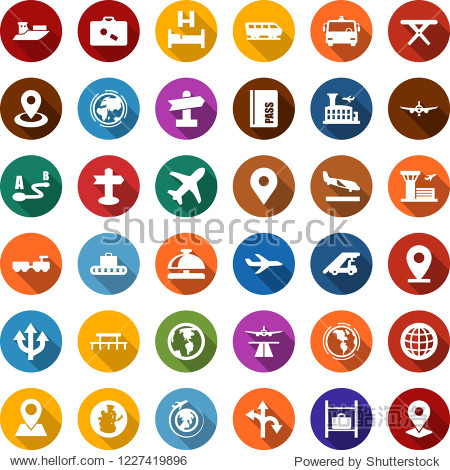 Color back flat icon set - runway vector arrival suitcase baggage conveyor airport bus train reception bell passport bed larry ladder car plane luggage storage globe building earth
