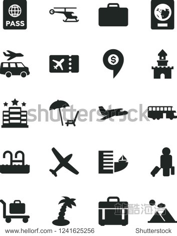 Solid Black Vector Icon Set - case vector passport sand castle helicopter dollar pin plane bus passenger suitcase ticket hotel arnchair under umbrella palm tree pool baggage transfer