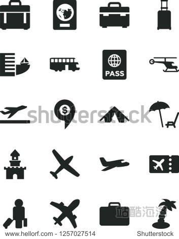 Solid Black Vector Icon Set - suitcase vector case passport sand castle helicopter dollar pin plane bus passenger rolling ticket departure hotel tent arnchair under umbrella palm tree