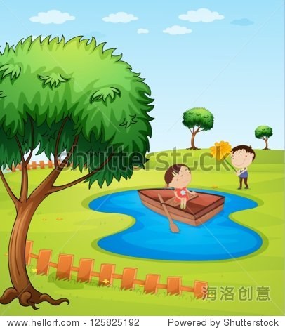illustrationofkidsandawoodenboatinapond