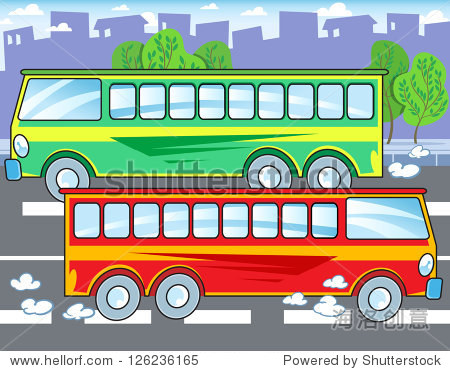 the illustration shows two buses that travel by urban road