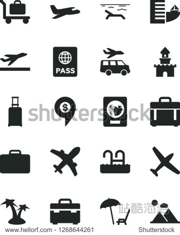 Solid Black Vector Icon Set - suitcase vector case passport sand castle dollar pin plane rolling departure hotel beach arnchair under umbrella palm tree pool baggage transfer
