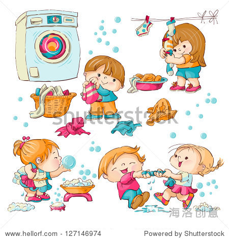 vector set - little girls and boys wash clothes - 站酷海洛正版