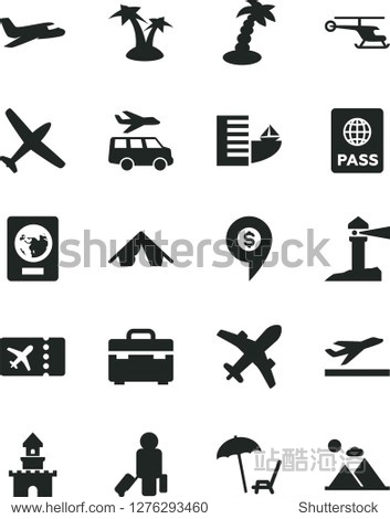Solid Black Vector Icon Set - suitcase vector passport coastal lighthouse sand castle helicopter dollar pin plane passenger ticket departure hotel tent arnchair under umbrella palm tree