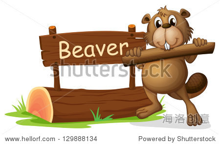illustration of a beaver beside the wooden signboard on a white
