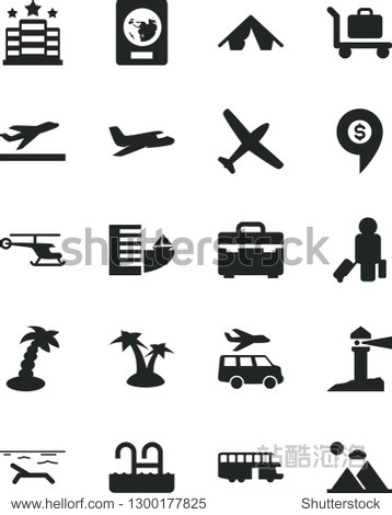 Solid Black Vector Icon Set - suitcase vector coastal lighthouse helicopter dollar pin plane bus passenger passport departure hotel tent beach palm tree pool baggage transfer