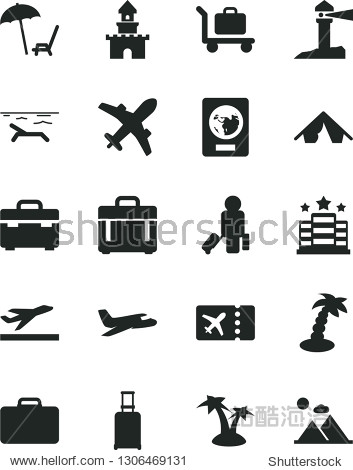 Solid Black Vector Icon Set - suitcase vector case coastal lighthouse sand castle plane passenger rolling passport ticket departure tent beach arnchair under umbrella palm tree baggage