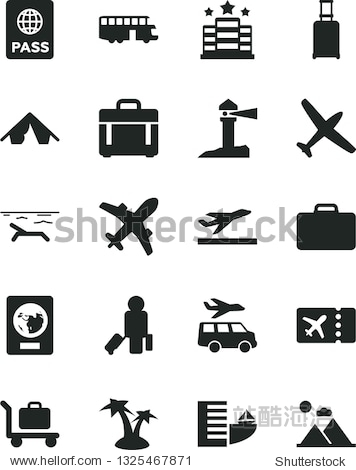 Solid Black Vector Icon Set - case vector passport coastal lighthouse plane bus passenger suitcase rolling ticket departure hotel tent beach palm tree baggage transfer mountains