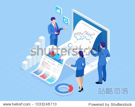 Isometric concept of business analysis analytics research strategy statistic planning marketing study of performance indicators. Investment in securities smart investment strategic management