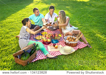 group of young attractive friends having a picnic sitting on a